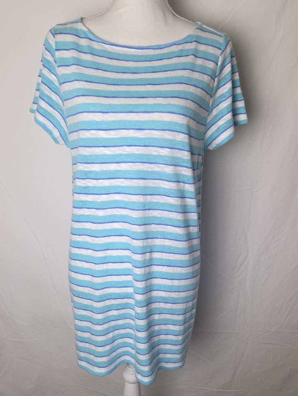 J.Jill Light Blue & White Striped Linen Cotton Blend Short Sleeve Dress Size Med
